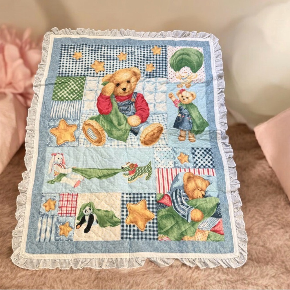 Blue Jean Teddy Bear Quilt Baby Blanket Patchwork Plaid Me & My Blankie Vintage